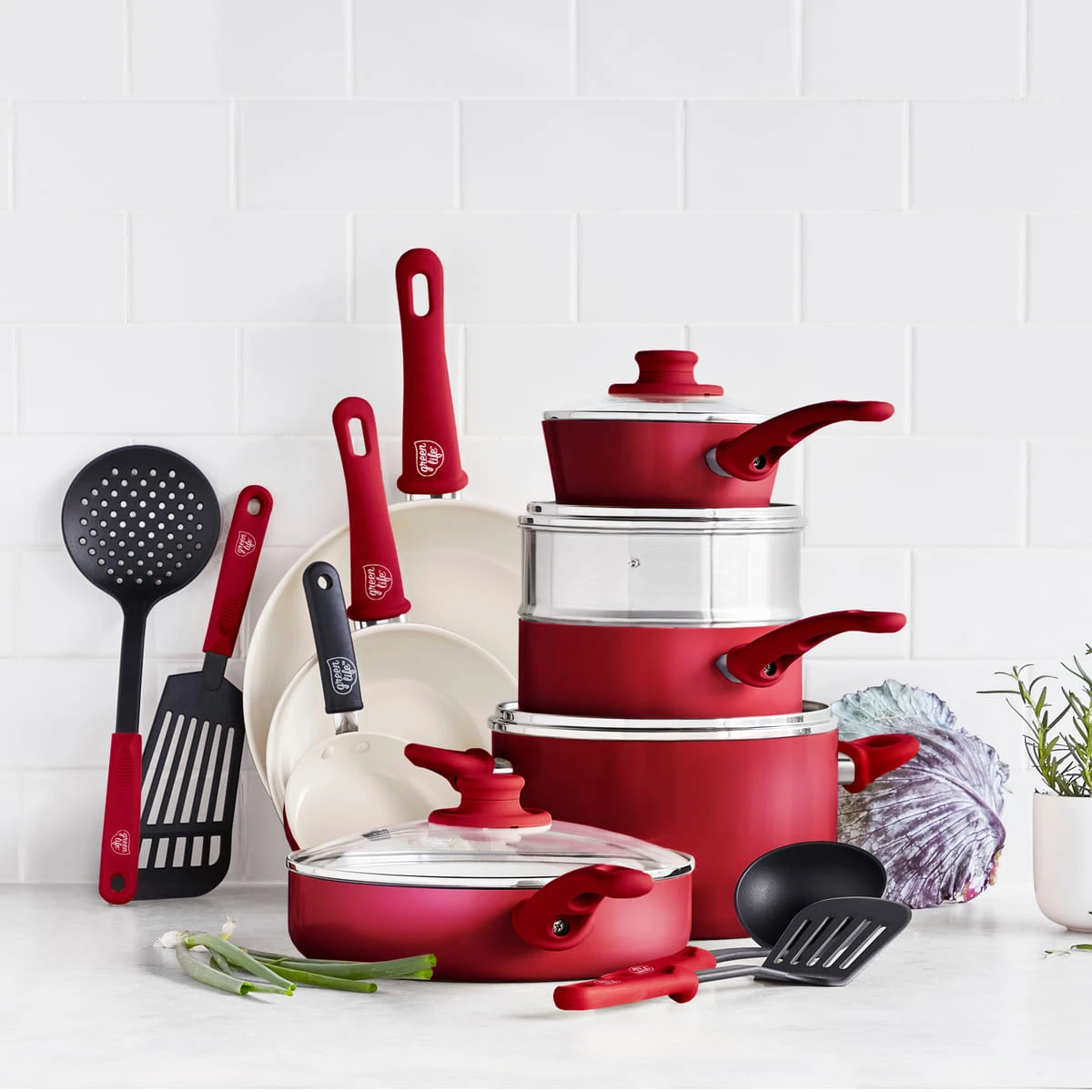 GreenLife Soft Grip<br> 16pc Cookware Sets, Red 2 GreenLife Soft Grip<br> 16pc Cookware Sets, Red - Image 2
