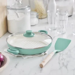 GreenLife Soft Grip<br> SOFT GRIP GRILL PAN WITH LID, TURQUOISE - 28CM -Chic Kitchen Utensils CC004872 001 GreenLife Soft Grip SOFT GRIP GRILL PAN WITH LID TURQUOISE 28CM 4 37d5aeed 93ce 47cc a052 1c74e5c17d73