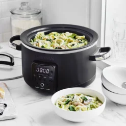 Bistro Slow Cooker<br> Black, 3.7L -Chic Kitchen Utensils GP BistroNoirSlowCooker .75 Angle Kitchen RecipeStew LidOff LifeStyle Tortellini